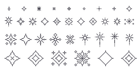 Poster - Pixel art stars. 8 bit sparkles. Magic firework icons in retro 90s style. shine glitter Christmas decoration. Twinkle y2k snowflakes. Vintage party elements isolated. Vector set illustration.
