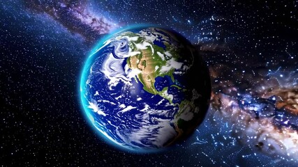 Aufkleber - Earth slowly rotates in space with the milky way galaxy visible in the background, showcasing a detailed view of clouds and continents in slow motion
