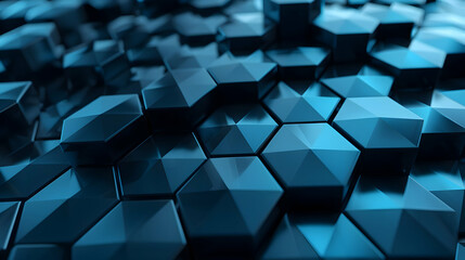 Poster - Abstract geometric pattern of interlocking blue hexagons creating a dynamic 3D surface