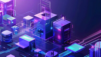 Poster - Futuristic digital cityscape showcasing interconnected servers and vibrant neon lights