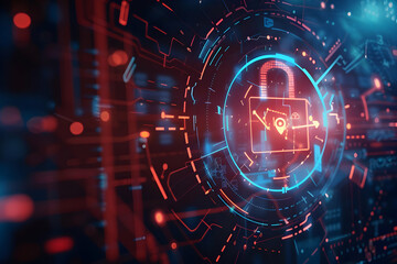 Poster - Futuristic digital lock symbolizing cybersecurity with glowing data patterns in background