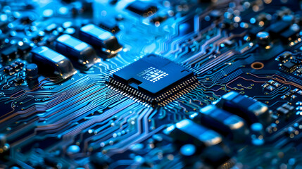 Poster - Close-up of a microchip on a circuit board, showcasing intricate electronic components and glowing lights