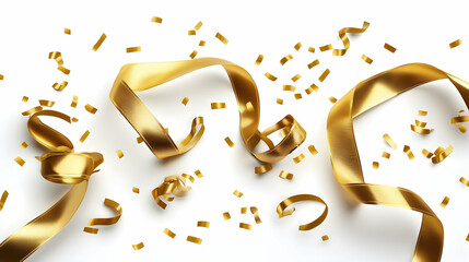 Wall Mural - golden confetti and falling shiny ribbon pieces. isolated on white background, -