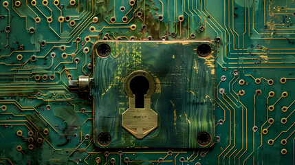 Poster - Close-up of an old circuit board with a keyhole, showcasing intricate electronic patterns and textures
