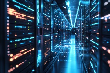 Poster - Vibrant data center illuminated with colorful lights showcasing advanced technology and intricate server connections. Generative AI