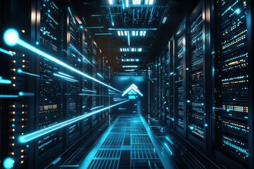 Poster - Innovative server room showcasing radiant blue lights and high-tech equipment for seamless data processing. Generative AI