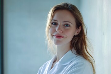 Poster - Radiant young woman smiles confidently in a modern, softly lit indoor space. Generative AI