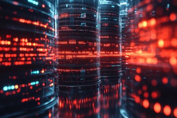 Fototapete - Amidst glowing servers, vibrant data flows illuminate the digital landscape in a captivating tech environment. Generative AI