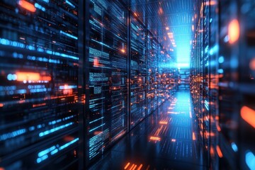 Poster - Intricate corridors of data flow through a high-tech server room illuminated with vibrant blue and orange lights. Generative AI