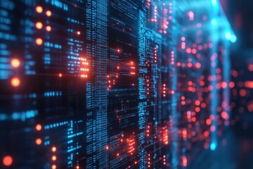 Fototapete - Exploring the vibrant world of digital data flow illuminating a high-tech environment at twilight. Generative AI