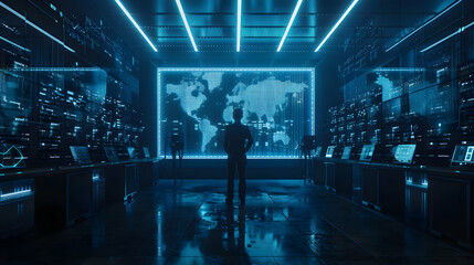 Poster - A silhouette of a person in a high-tech control room, observing a digital world map display