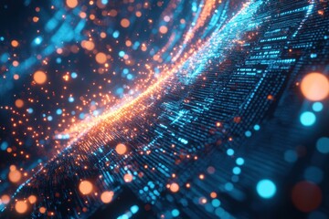 Poster - Vibrant abstract composition of glowing particles and flowing lines creating a mesmerizing digital landscape at twilight. Generative AI