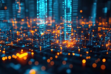 Poster - Vibrant digital cityscape illuminated by neon lights at night showcasing technology and innovation in urban landscapes. Generative AI
