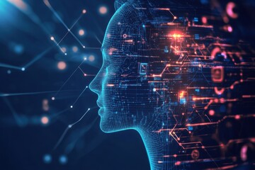 Poster - Futuristic representation of a digital human profile illuminated by vibrant technology-inspired graphics and electric colors. Generative AI