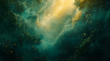 Wall Mural - An abstract medieval forest glowing golden highlights swirling mist deep emerald greens enchanted patterns, soft textures flowing shapes whimsical dreamy negative space mystical minimal cottagecore
