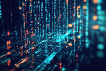 Fototapete - Digital matrix flowing with vibrant data streams in a futuristic cyber world showcasing technology's beauty. Generative AI