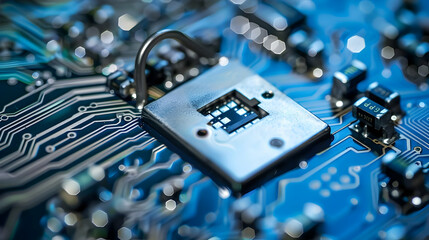 Aufkleber - Close-up of a secure microchip on a blue circuit board highlighting technology and innovation