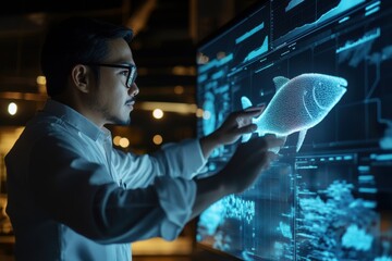 Poster - Innovative data visualization with holographic fish model in a modern office setting during nighttime. Generative AI