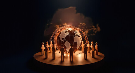 Aufkleber - A group of figures stands in a circle around a glowing globe on a round platform against a dark smoky background, creating a sense of global unity.