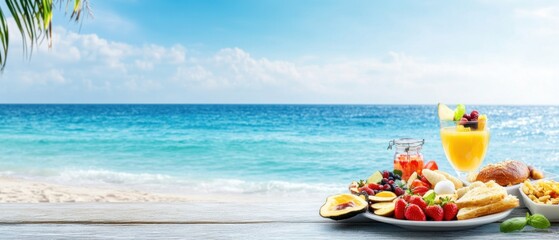 Exotic Breakfast Feast with Tropical View Near Blue Ocean Waves