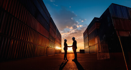 Aufkleber - Two people in hard hats shake hands, silhouetted against a vibrant sunset, between rows of cargo containers. A deal or partnership is implied.