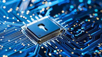Aufkleber - Close-up of a microchip with a padlock symbol on a blue circuit board background