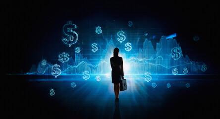 Aufkleber - A businesswoman's silhouette stands before a bright digital screen displaying financial graphs and dollar symbols, illustrating market trends and economic insights in a futuristic style.