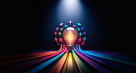 Aufkleber - A bright light bulb illuminates against a dark backdrop, encircled by colorful arrows pointing towards and away. Radiant beams of light emanate from the bulb, symbolizing innovation and direction.