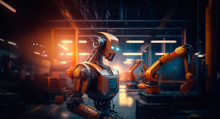 Poster - Humanoid robot in an industrial factory setting, robotic arms visible in the background under bright industrial lights.