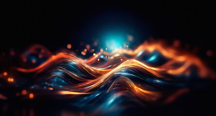 Aufkleber - Abstract glowing waves in orange and blue hues flow on a dark backdrop. Bokeh lights enhance depth in this dynamic, vibrant, and flowing abstract scene.