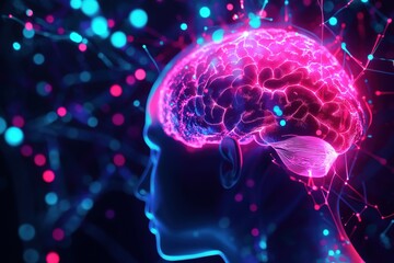 Poster - Vibrant neural connections illuminate a human brain in a captivating display of intellect and creativity at night. Generative AI