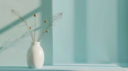 Poster - Minimalist vase with dried flowers against a soft blue background, casting gentle shadows