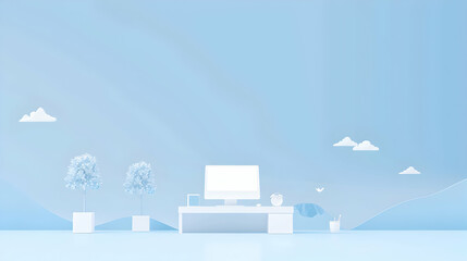 Poster - Minimalist office workspace with computer, plants, and soft blue background, promoting productivity