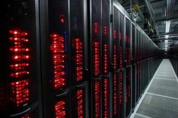 Poster - Futuristic server room glowing with red lights in a high-tech data center during late-night operations. Generative AI