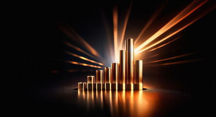 Aufkleber - Gleaming metallic cylinders are arranged in a rising bar chart formation, dramatically lit by bright light rays against a stark dark backdrop, creating a dynamic visual.