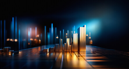 Poster - Abstract golden bars stand on a reflective surface against a blurred backdrop of blue and orange lights, suggesting growth in a futuristic and modern style.