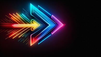 Poster - A vibrant neon arrow glows with rainbow hues against a stark black backdrop, pointing towards the right direction with dynamic streaks of light.