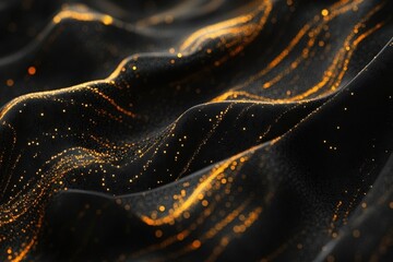 Poster - Waves of golden shimmer flow across rich black fabric, creating a mesmerizing dance of light and texture during evening moments. Generative AI