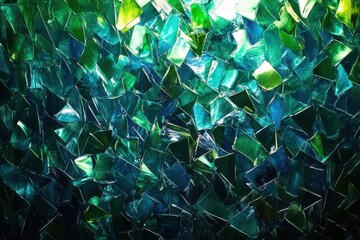 Poster - Colorful geometric patterns create a mesmerizing backdrop of green and blue in abstract art installation. Generative AI