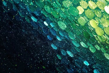 Poster - Vibrant abstract design showcasing shimmering green and blue circular patterns in a dynamic flow of colors and textures. Generative AI