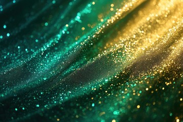 Poster - Sparkling waves of emerald and gold shimmer with luminous allure under soft light in this exquisite fabric display. Generative AI