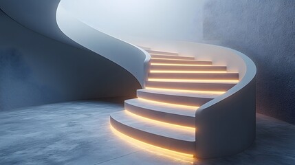 Poster - glowing futuristic progress staircase with lights illuminating each completed step on minimalist whi