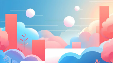 Poster - Vibrant abstract landscape with colorful clouds and geometric shapes under a bright sky