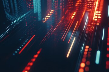 Fototapete - Vibrant digital landscape with flowing light patterns and futuristic colors during nighttime glow. Generative AI