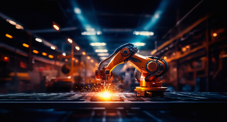 Poster - An orange robotic arm works in a dark industrial setting, sparks fly as it processes metal with precision in a factory environment.