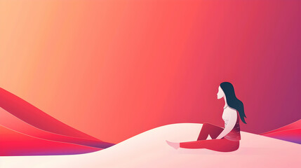 Poster - A serene illustration of a woman sitting on a flowing landscape with vibrant colors at sunset
