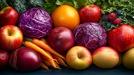 Wall Mural - Colorful assortment of fruits and vegetables, including apples, oranges, and carrots, are displayed on a table