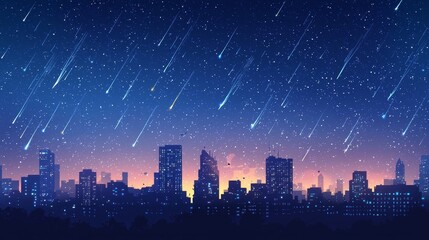 Wall Mural - Celestial Cityscape: A mesmerizing display of a meteor shower streaks across the night sky above a modern city, blending the awe of nature with the dynamism of urban life.