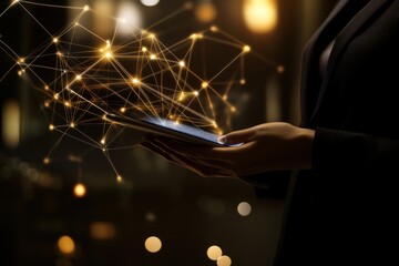 Poster - Exploring digital connections in a modern world with glowing networks and technology at night. Generative AI