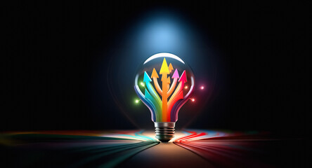 Poster - A vibrant light bulb, glowing in the dark, is filled with colorful arrows pointing in various directions, symbolizing choices and innovative ideas under a bright spotlight.